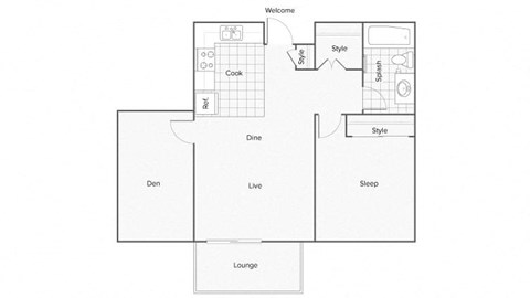 Floor plan for 1 bed, 1 bath, 830 sqft